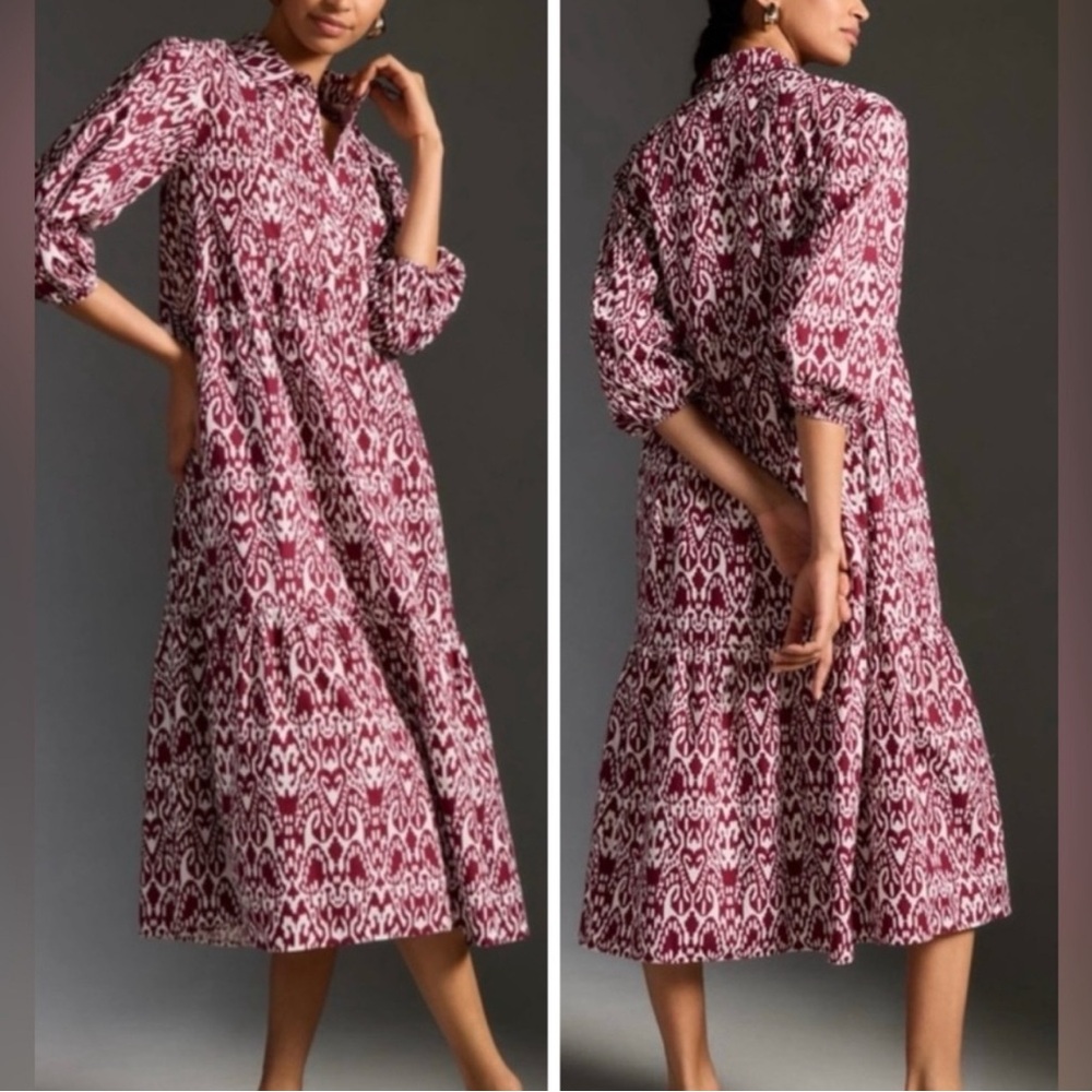 Anthropologie Maeve The Bettina Tiered Shirt Midi Dress in Wine Women's Size XSP